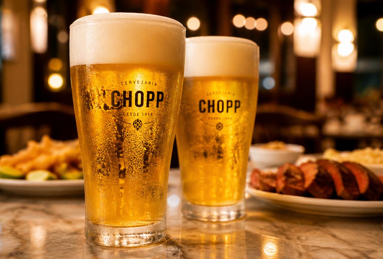 Dois copos de chopp gelado com colarinho cremoso